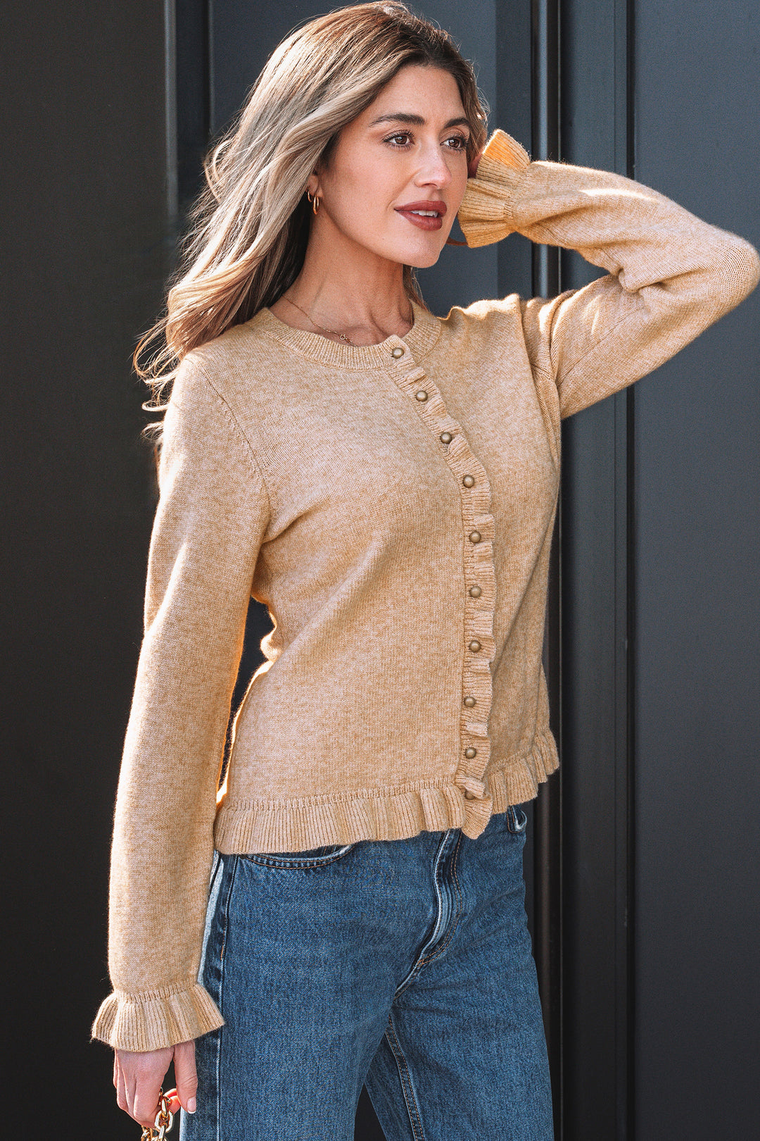 Ruffle Trim Gold Button Sweater Cardigan