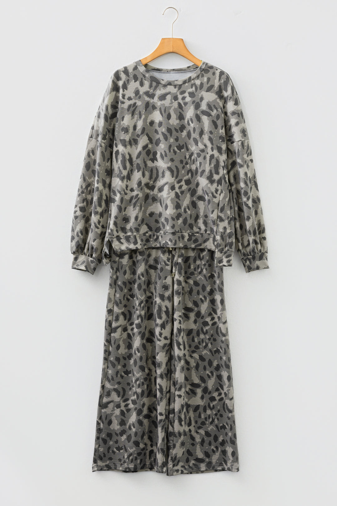 Gray Leopard Print Raw Seam Patchwork Pullover Drawstring Loose Pant Set