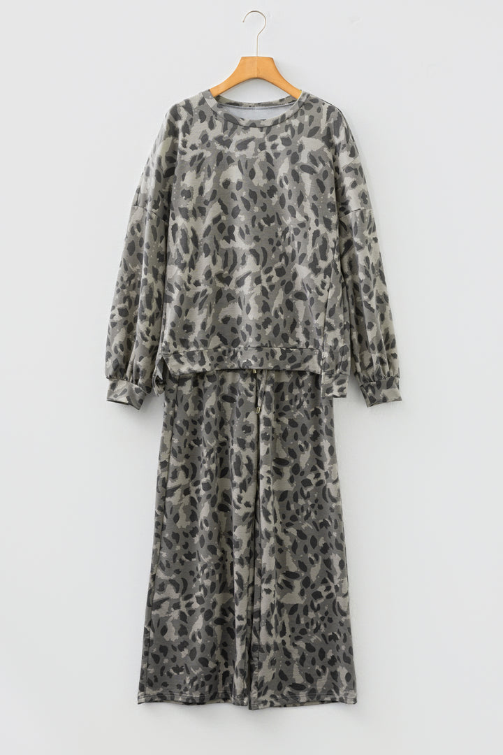 Gray Leopard Print Raw Seam Patchwork Pullover Drawstring Loose Pant Set