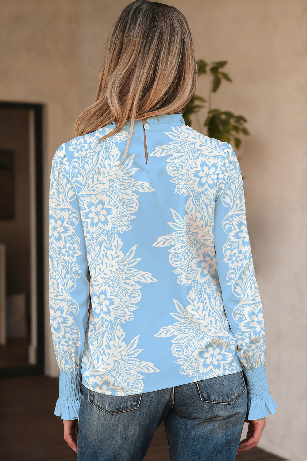 Ruffled Collar Puff Sleeve Flower Blouse