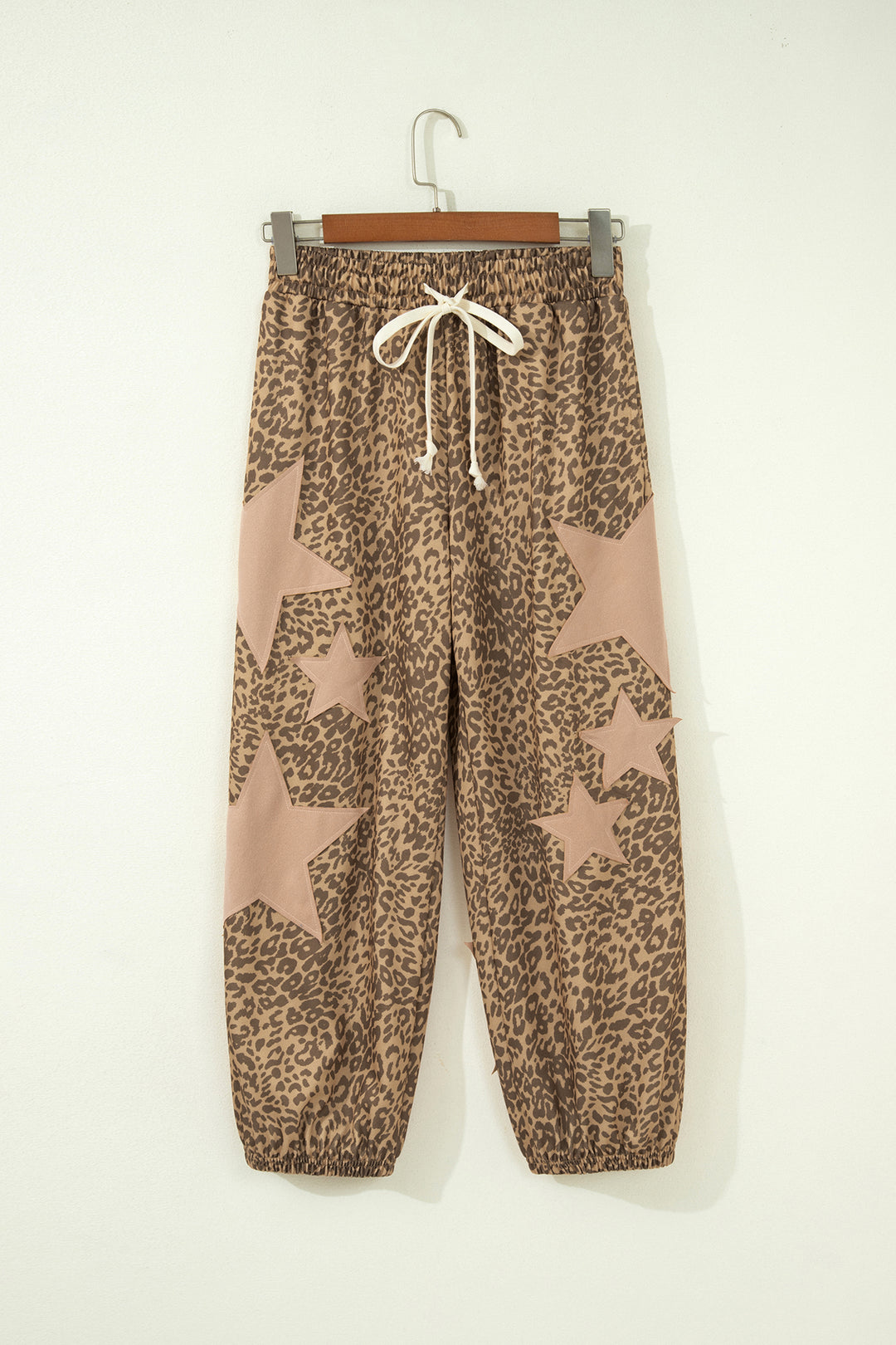 Khaki Leopard Print Star Patched Drawstring Elastic Waist Jogger Pants