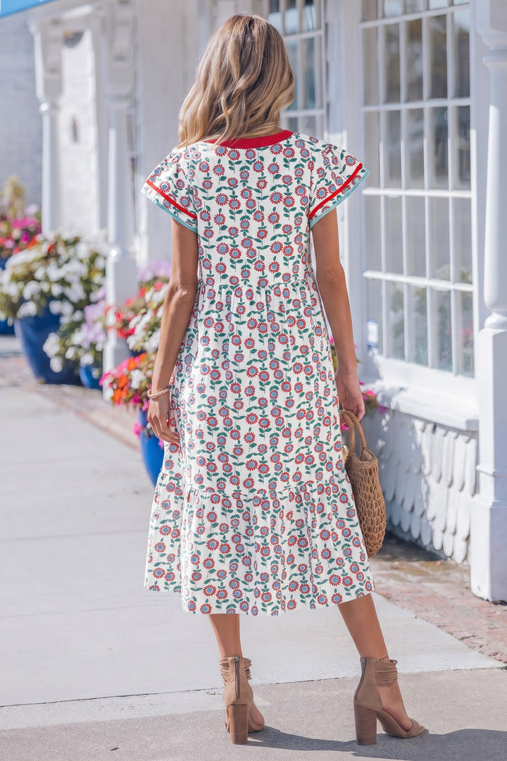 Red Cute Sunflower Printed Striped Trim Flutter Sleeve Long Dress