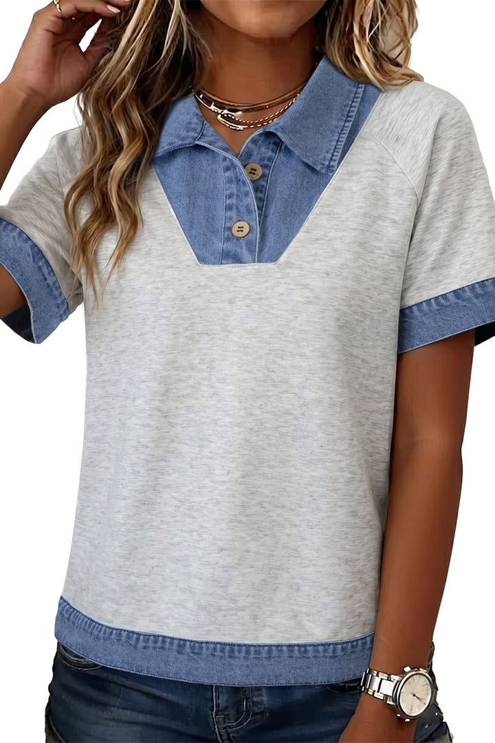 Light Grey Denim Contrast Collar Cuffed Short Sleeve Top