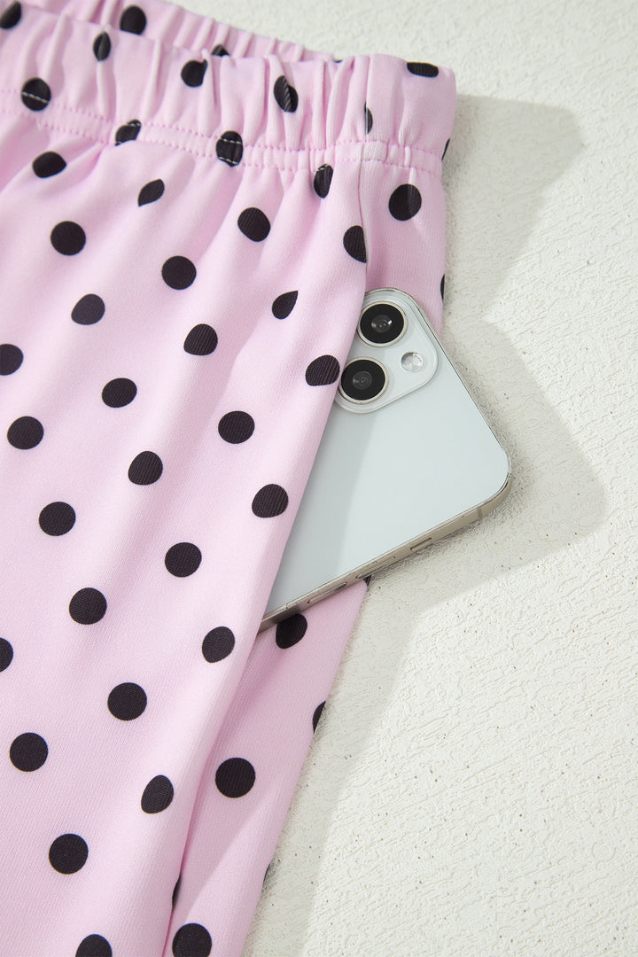 Pink Polka Dot Halter Tank Drawstring Elastic Waist Short Set