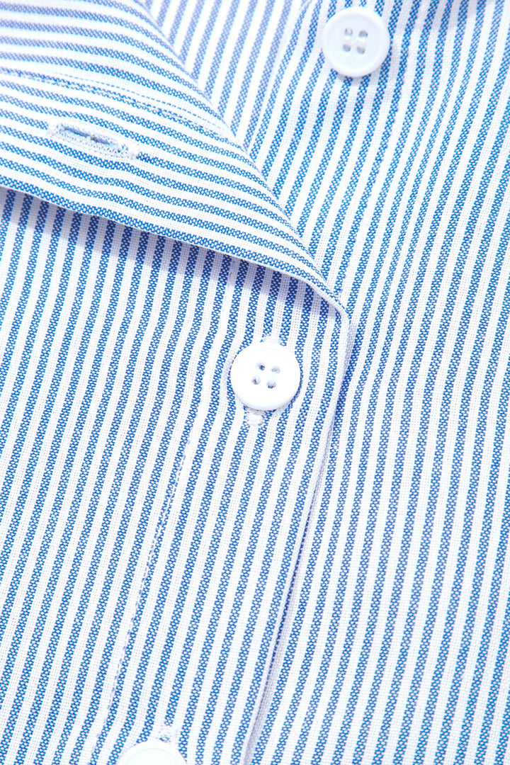 Sky Blue Stripe Contrasted Varsity Stripe Leopard Patchwork Button Down Shirt