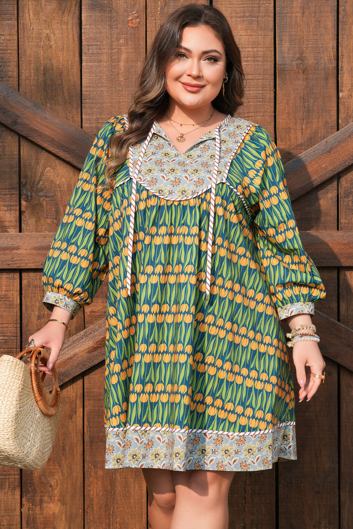 Green Plus Size Mixed Floral Print Striped Trim Loose Cotton Mini Dress
