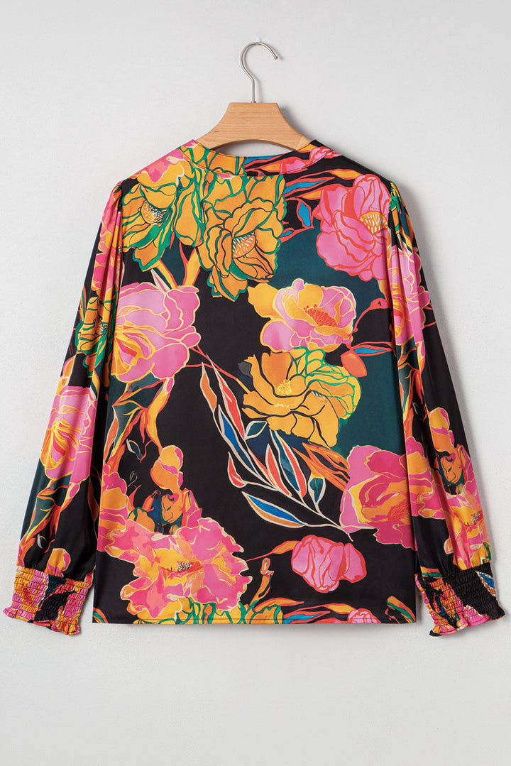 Black Floral Print Smocked Cuffs Puff Sleeve V Neck Blouse