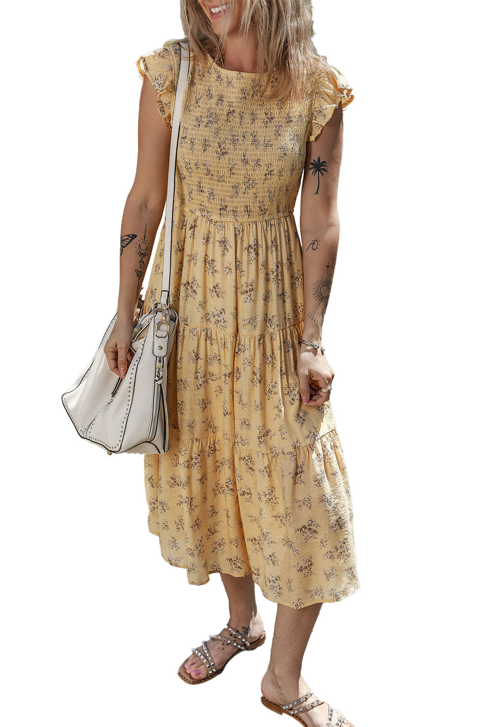 Boho Floral Print Ruffle Smocked Flowy Summer Dress
