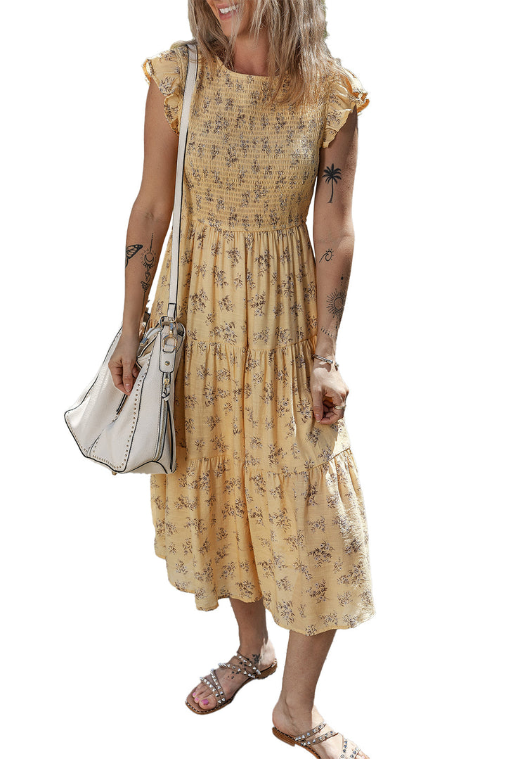 Boho Floral Print Ruffle Smocked Flowy Summer Dress