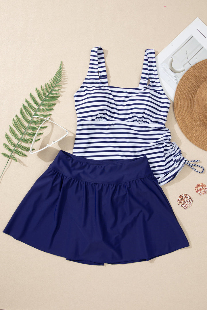 Blue Stripe Scoop Neck Adjustable Tankini and Matching Skort Bathing Suit