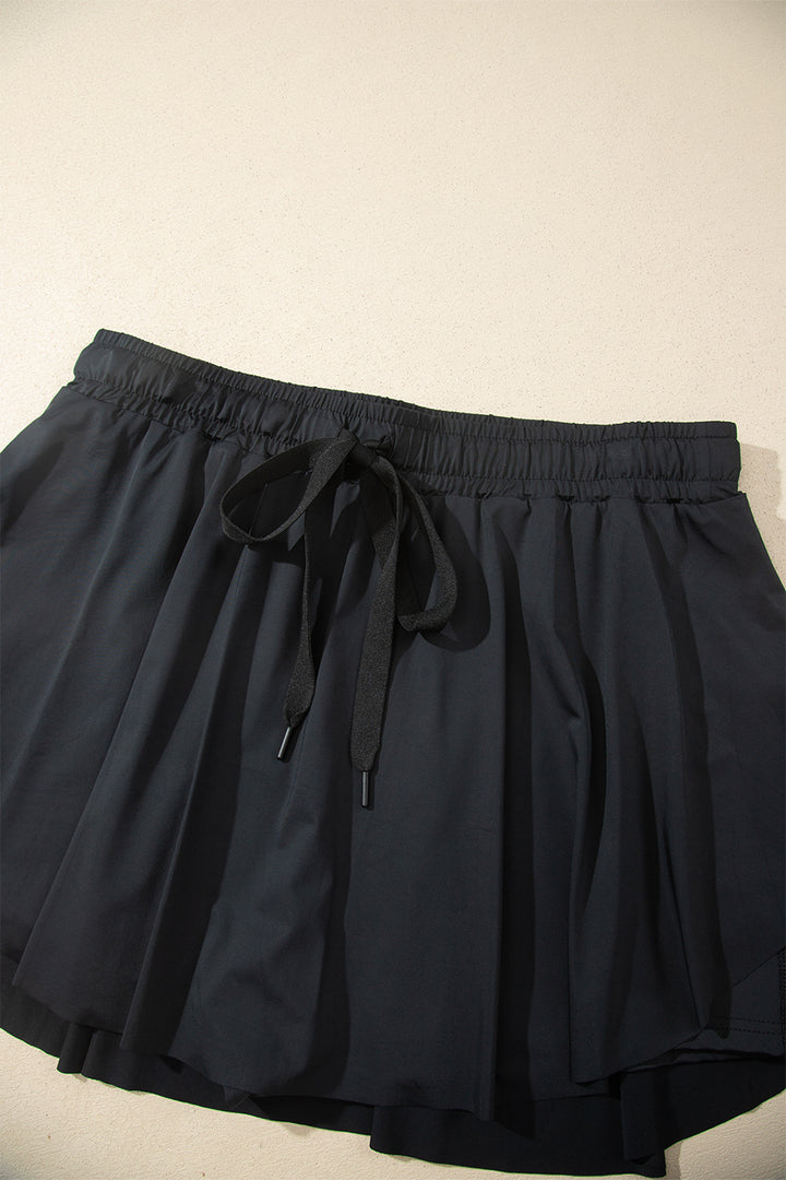 Black Plus Size Drawstring Waist Flared Tennis Skort