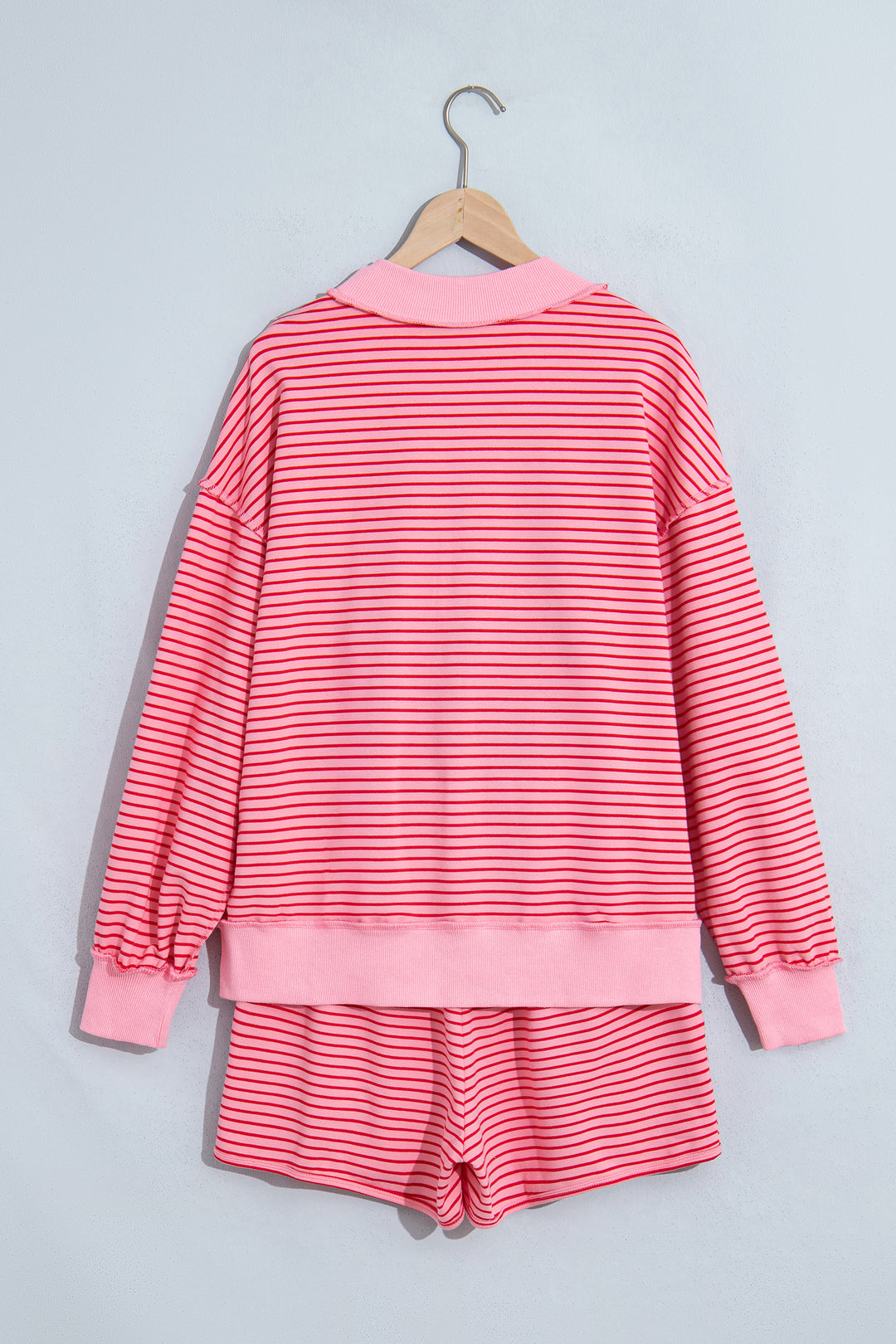 Pink Stripe Ribbed Patchwork Mock Neck Baggy Pullover Matching Shorts Set