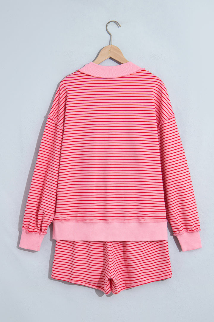 Pink Stripe Ribbed Patchwork Mock Neck Baggy Pullover Matching Shorts Set