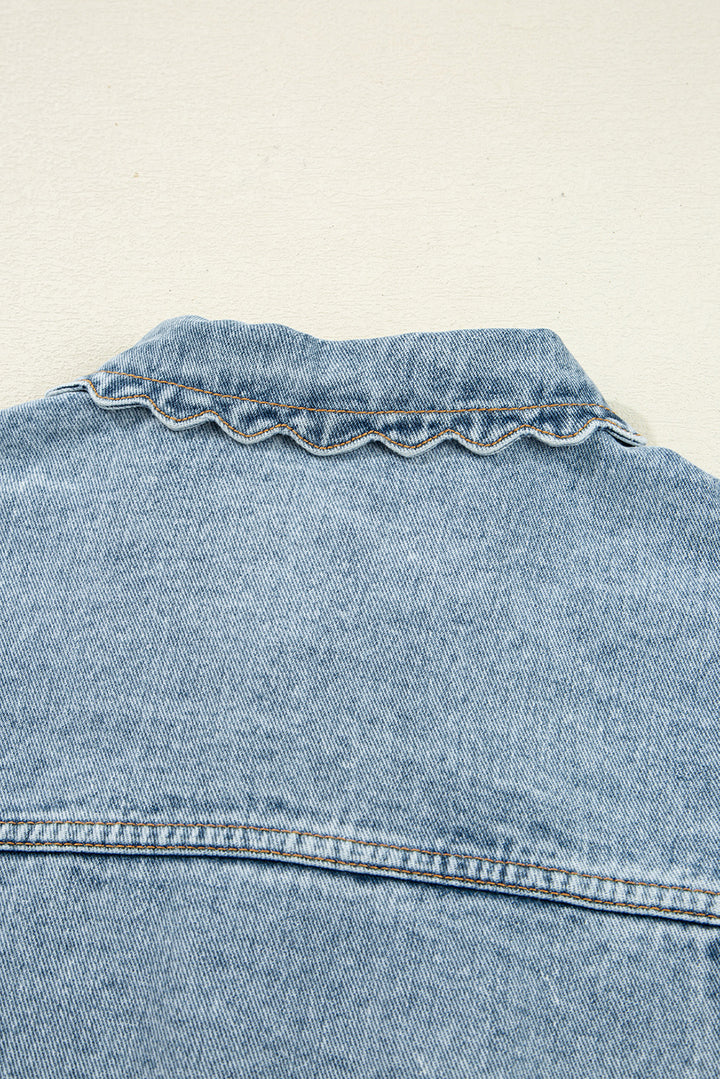 Scallop Trim Collar Patched Pocket Button Up Denim Jacket