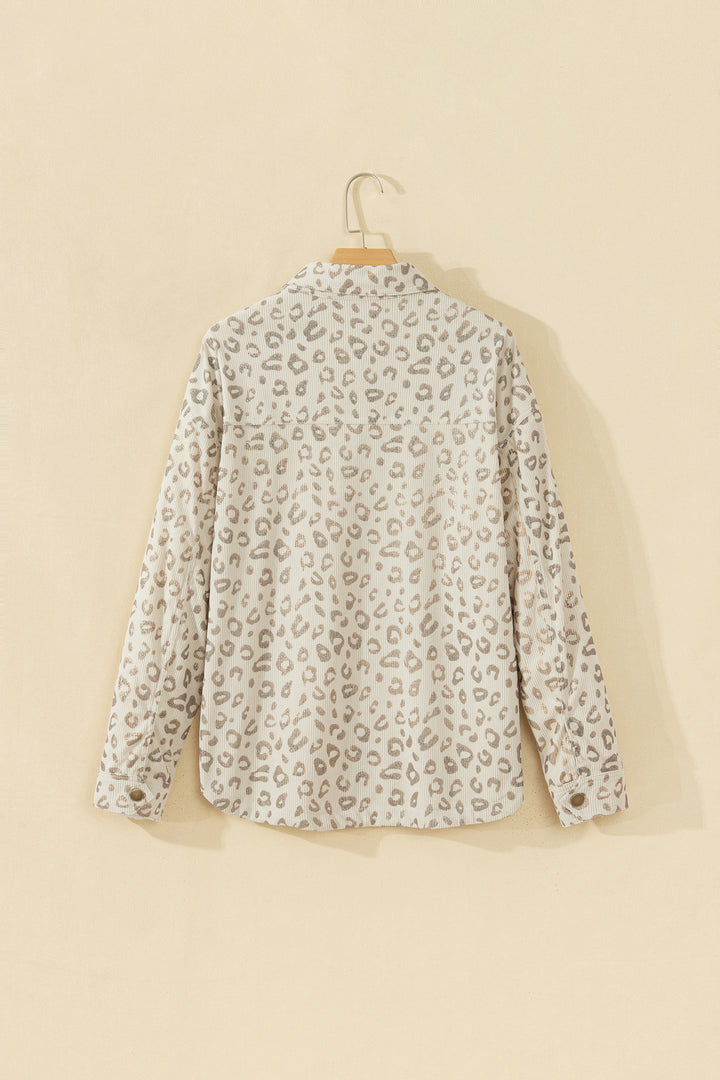Khaki Leopard Print Corduroy Shirt Collar Long Sleeve Regular Fit Jacket
