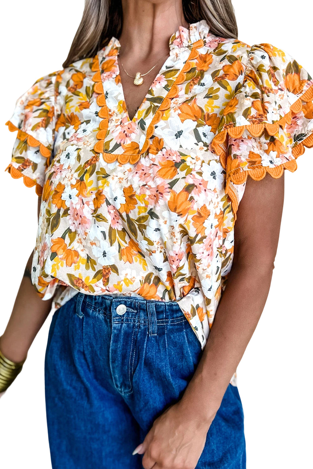 Ruffled V Neck Scalloped Short Sleeve Floral Blouse