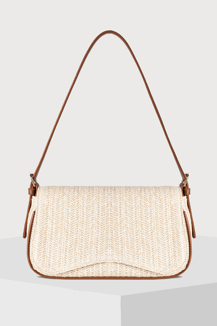 White Raffia Woven PU Leather Trim Shoulder Bag
