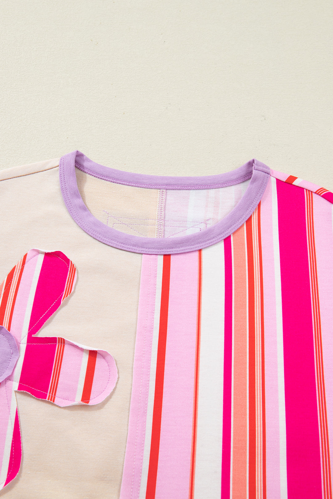 Striped Color Block Flower Patched Half Sleeve Loose Top