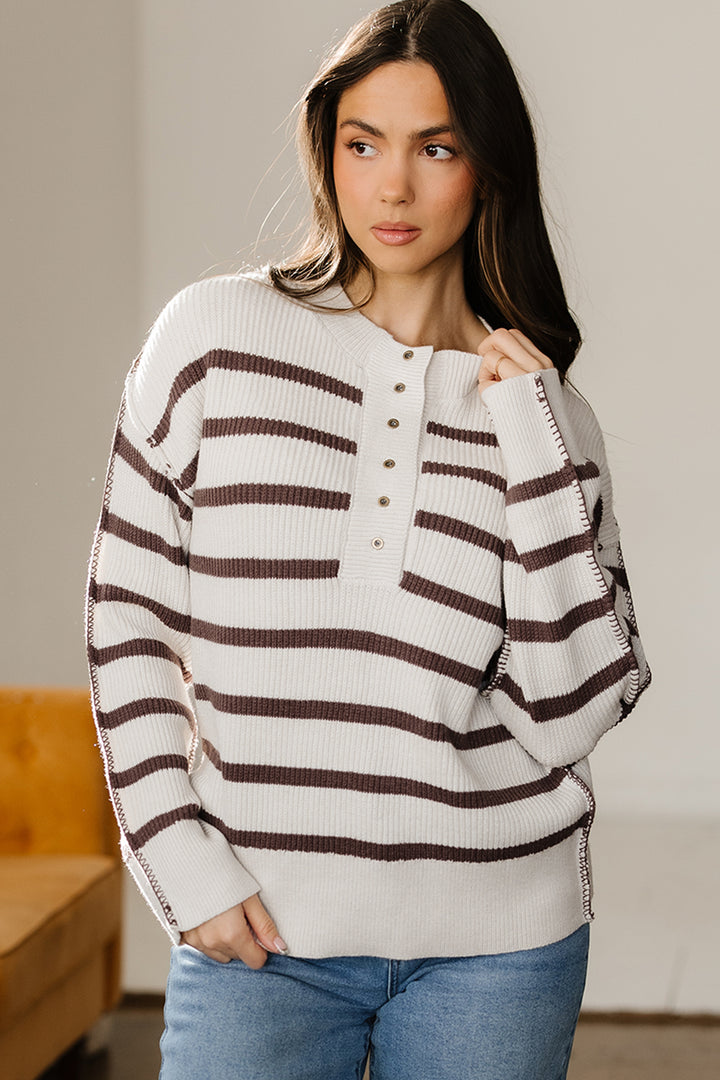 Ribbed Henley Drop Shoulder Slouchy Sweater