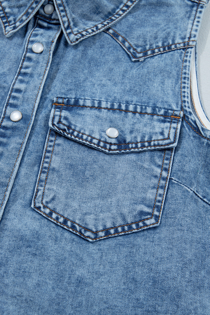 Dusk Blue Buttoned Front Collared Sleeveless Denim Vest