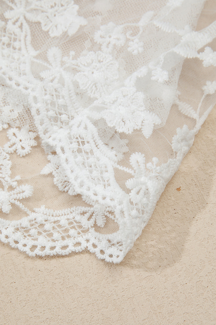 White 2pcs Sheer Floral Lace Ruffle Tiered Patchwork Blouse