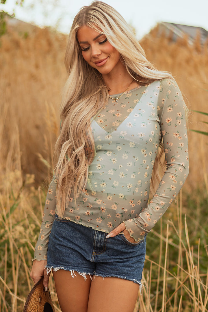 Vintage Floral Print Southern Style Mesh Long Sleeve Top
