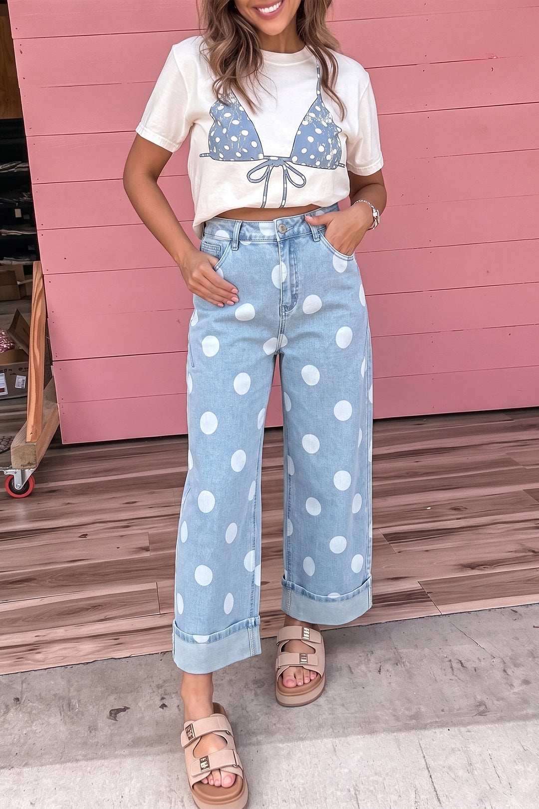 Sky Blue Polka Dot Ankle-Length Metal Button Casual Jeans