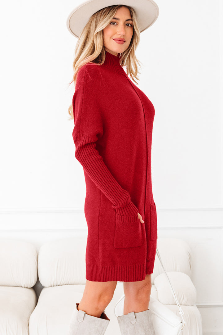 Ribbed High Neck Front Pockets Center Seam Shift Sweater Dress