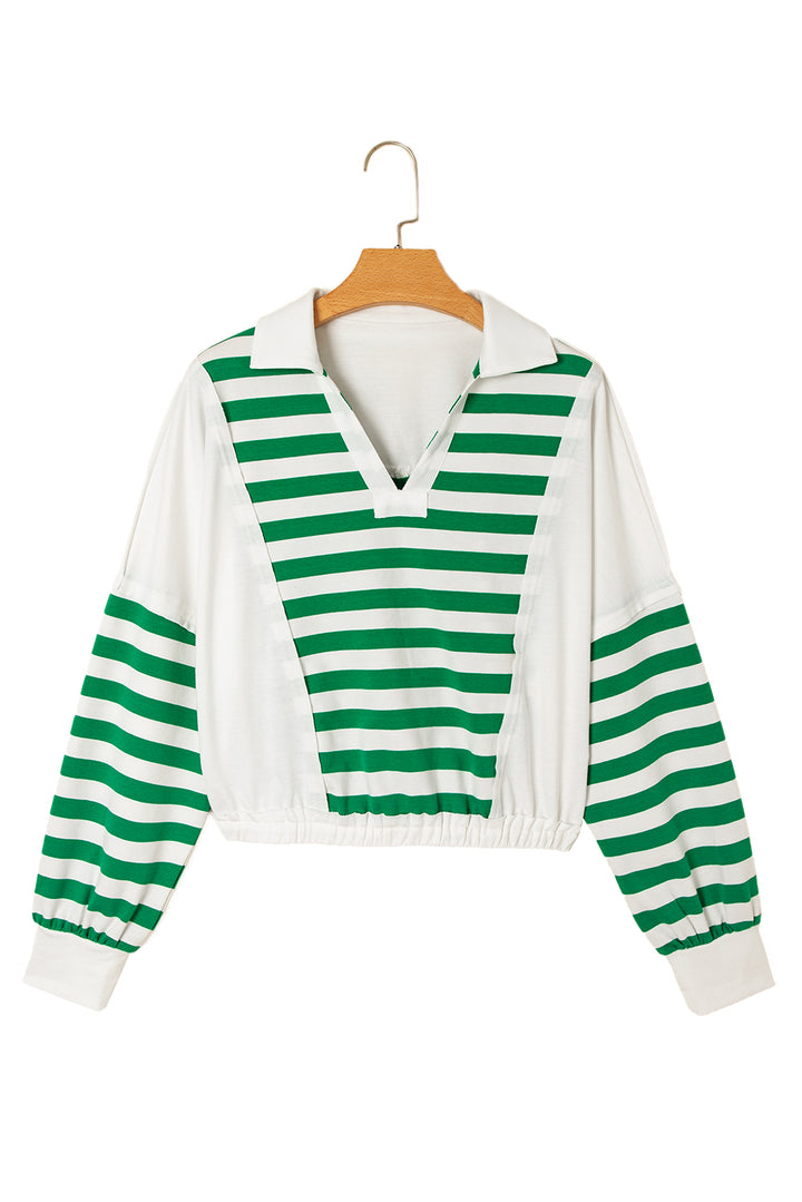 Colorblock Collared V Neck Cropped Knit Pullover