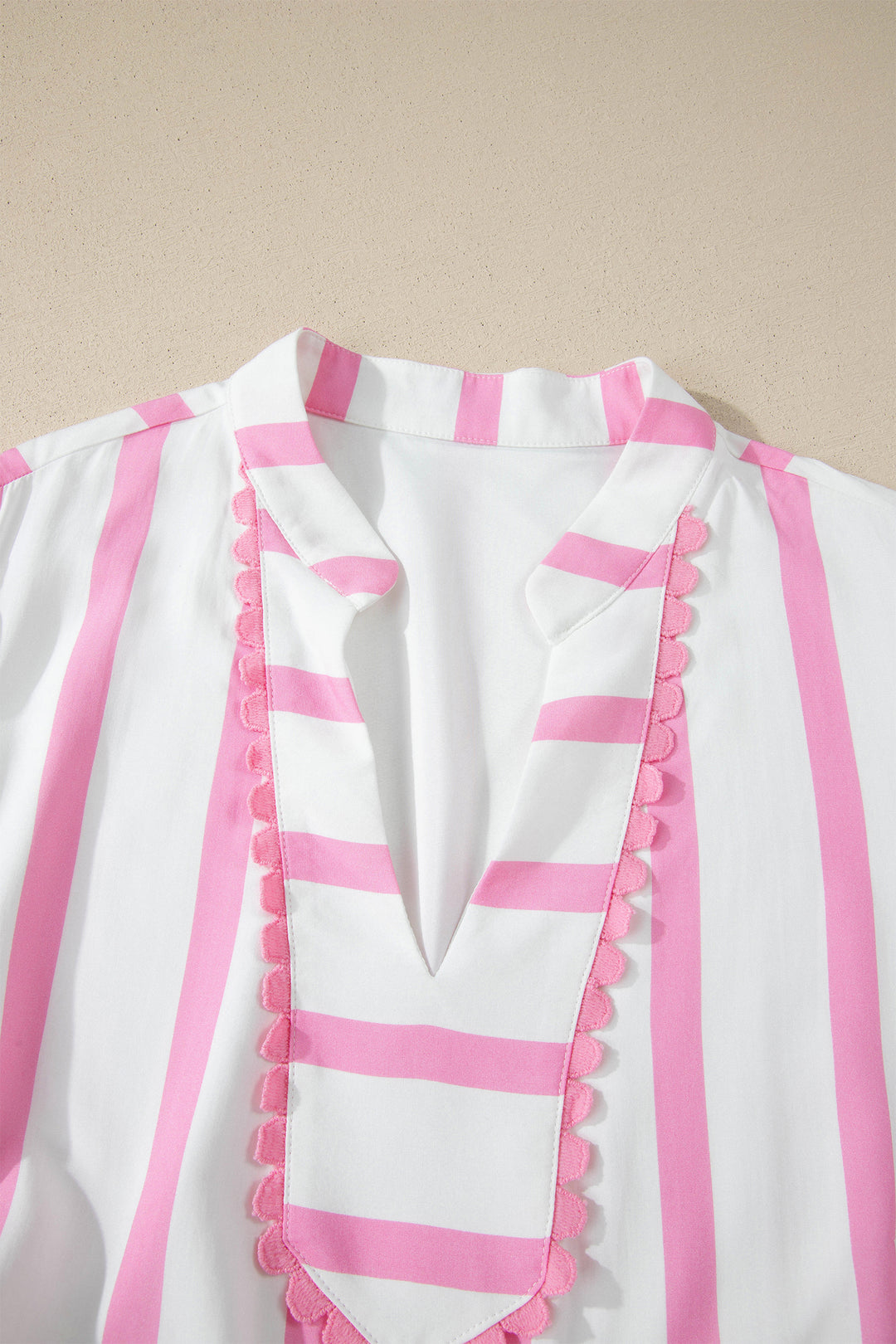 Pink Stripe Plus Size V Neck Short Puff Sleeve Maxi Dress