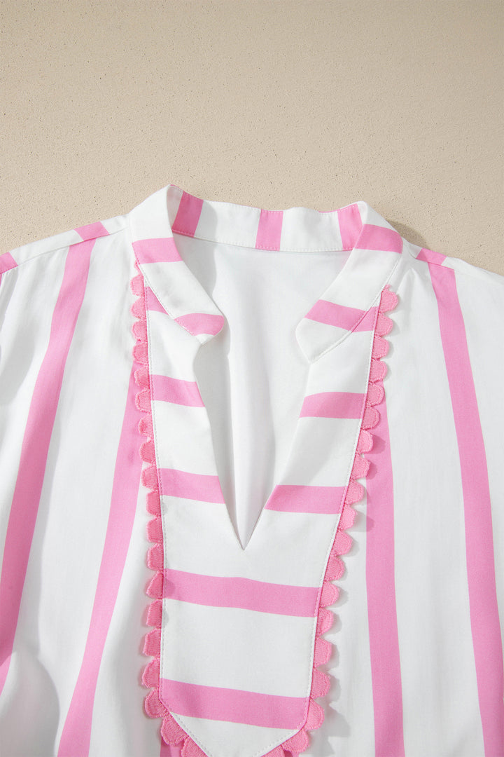 Pink Stripe Plus Size V Neck Short Puff Sleeve Maxi Dress