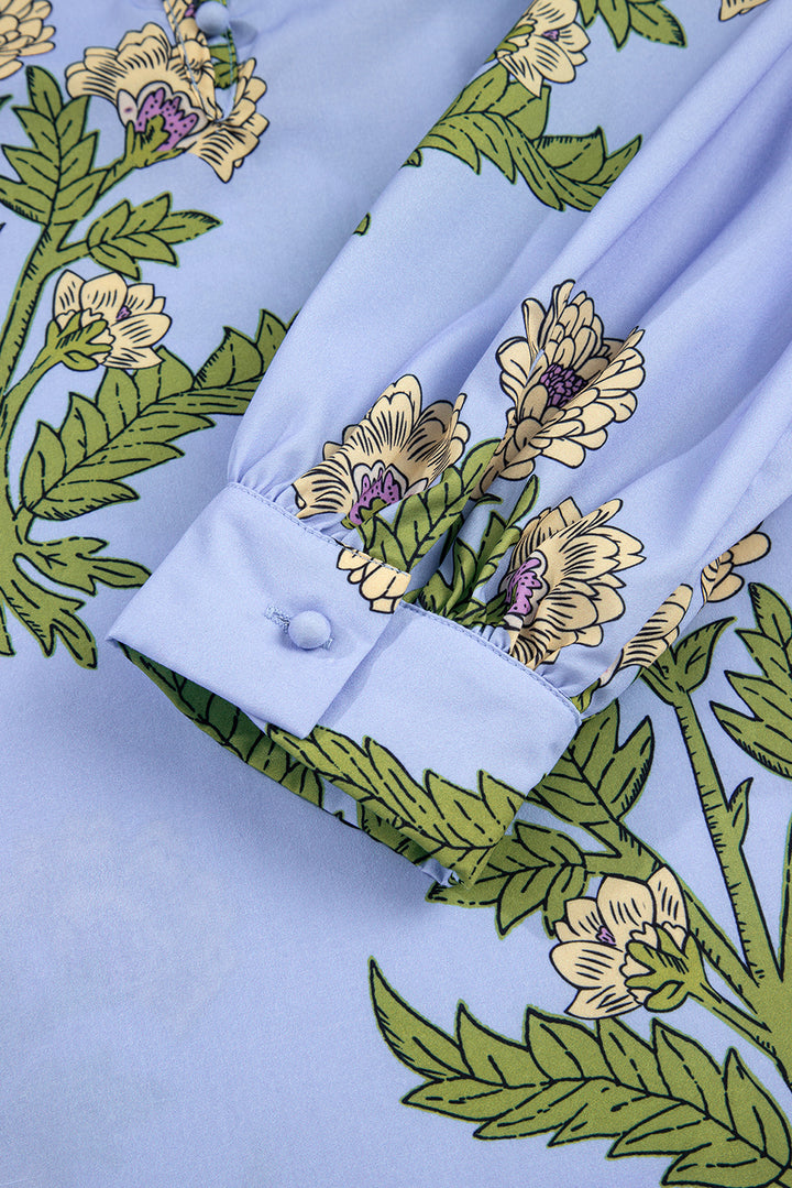 Sky Blue Floral Print Button Tie Neck Long Puff Sleeve Blouse