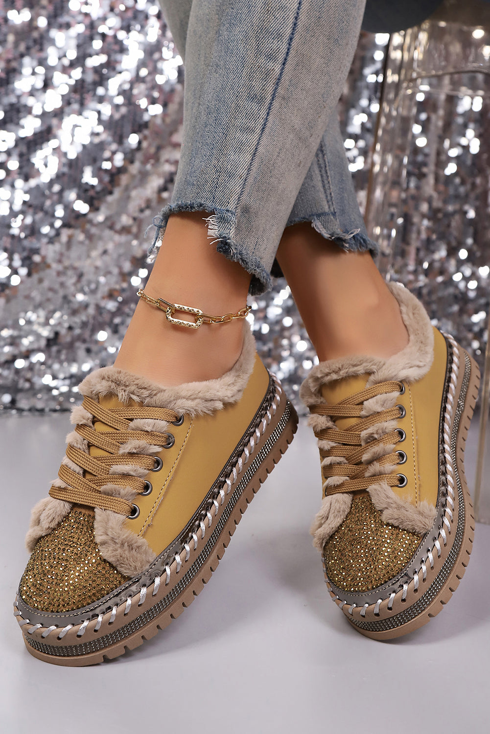 Rhinestone Embellished Faux Fur Lining Lace-Up Flat Shoes