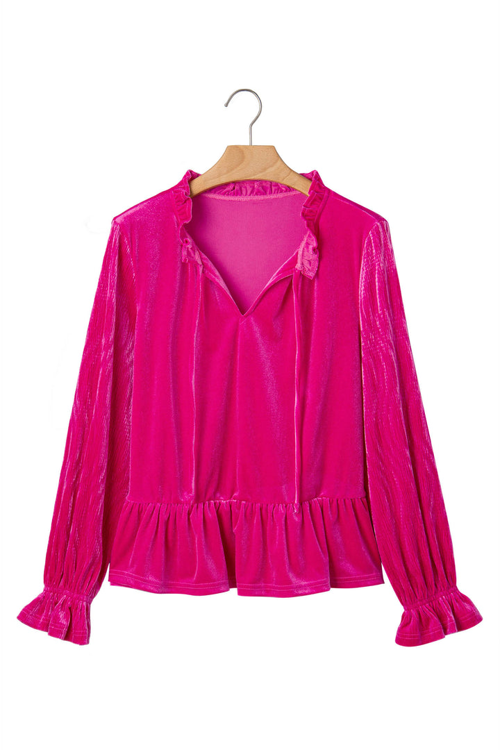 Strawberry Pink V Neck Velvet Ruffled Cuffs Hem Long Sleeve Top