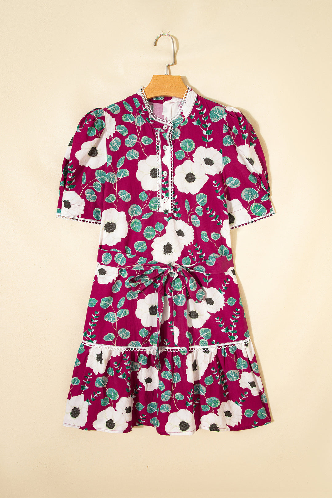 Summer Red Floral Print Trimmed Short Puff Sleeve Mini Dress with Belt