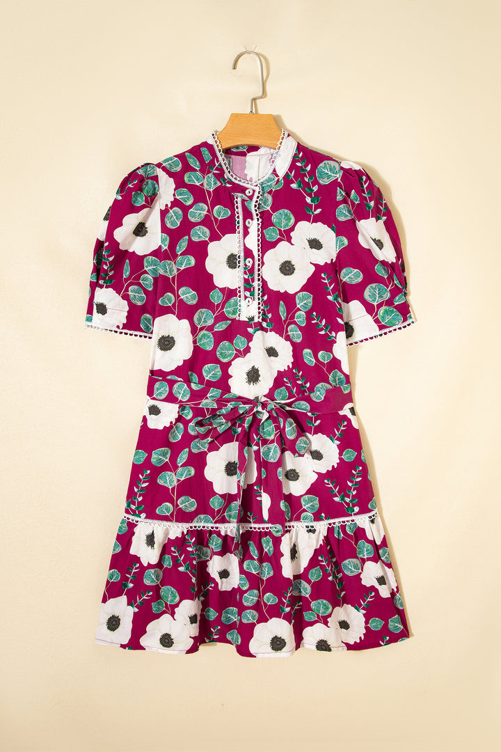 Summer Red Floral Print Trimmed Short Puff Sleeve Mini Dress with Belt