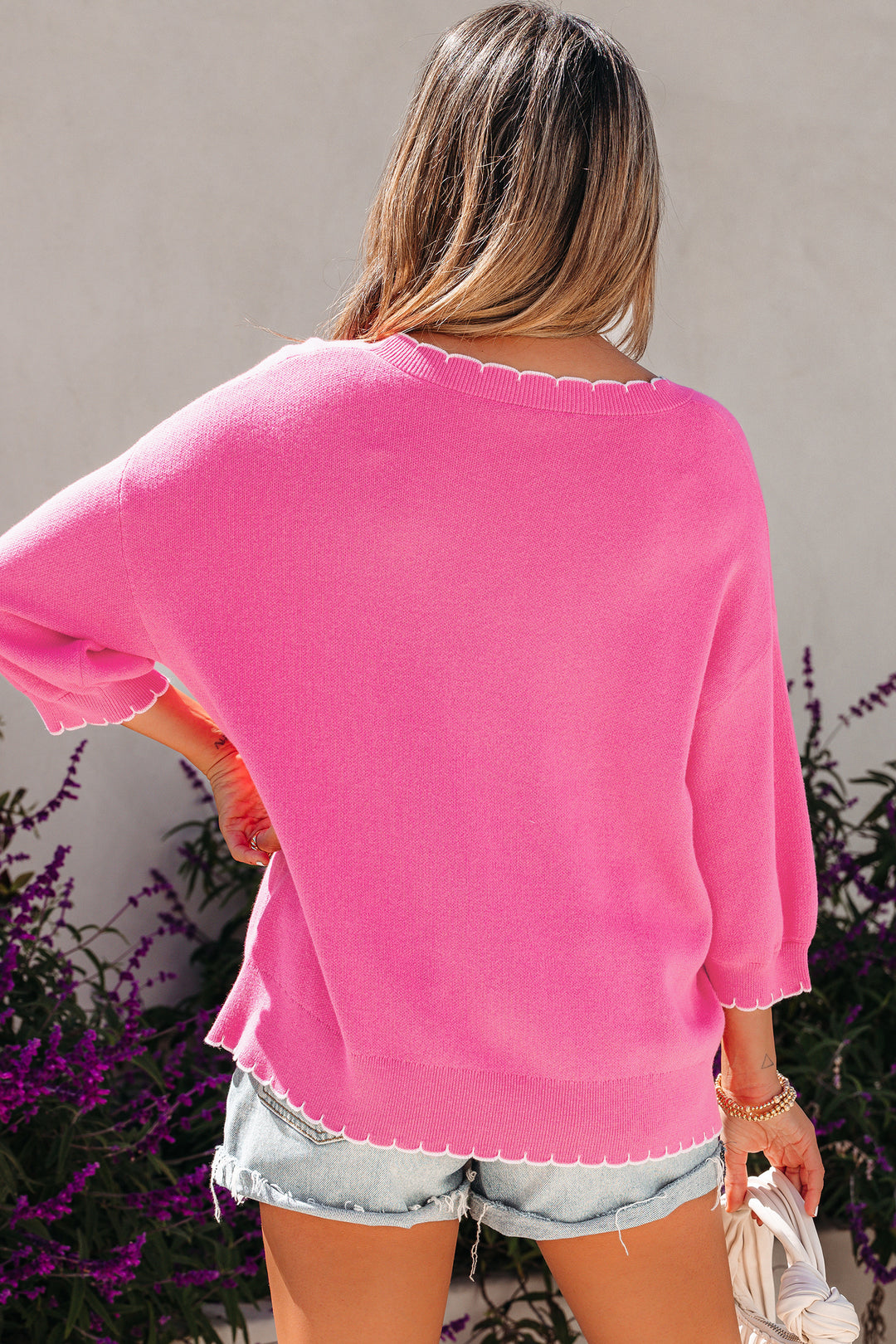 Big Ribbon Bow Print Contrast Stitch Trim Drop Shoulder Sweater