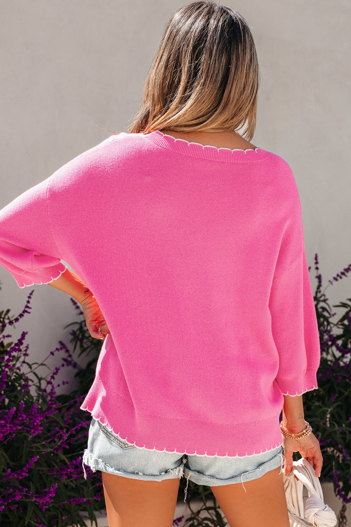 Big Ribbon Bow Print Contrast Stitch Trim Drop Shoulder Sweater