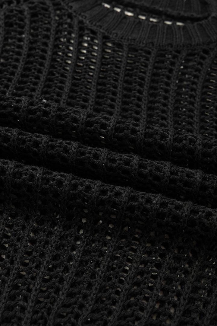 Black Plus Size Open Knit Bow Tie Short Sleeve Sweater