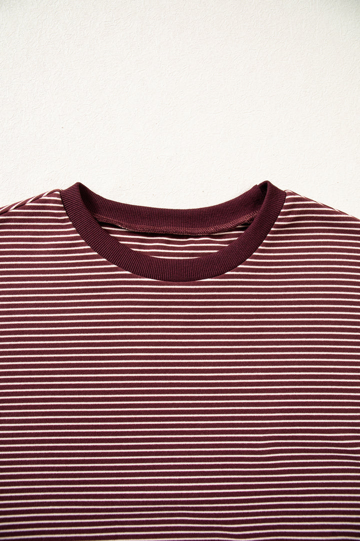 Brown Stripe Contrast Trim Round Neck Oversize Long Sleeve Top 2pcs Pant Set