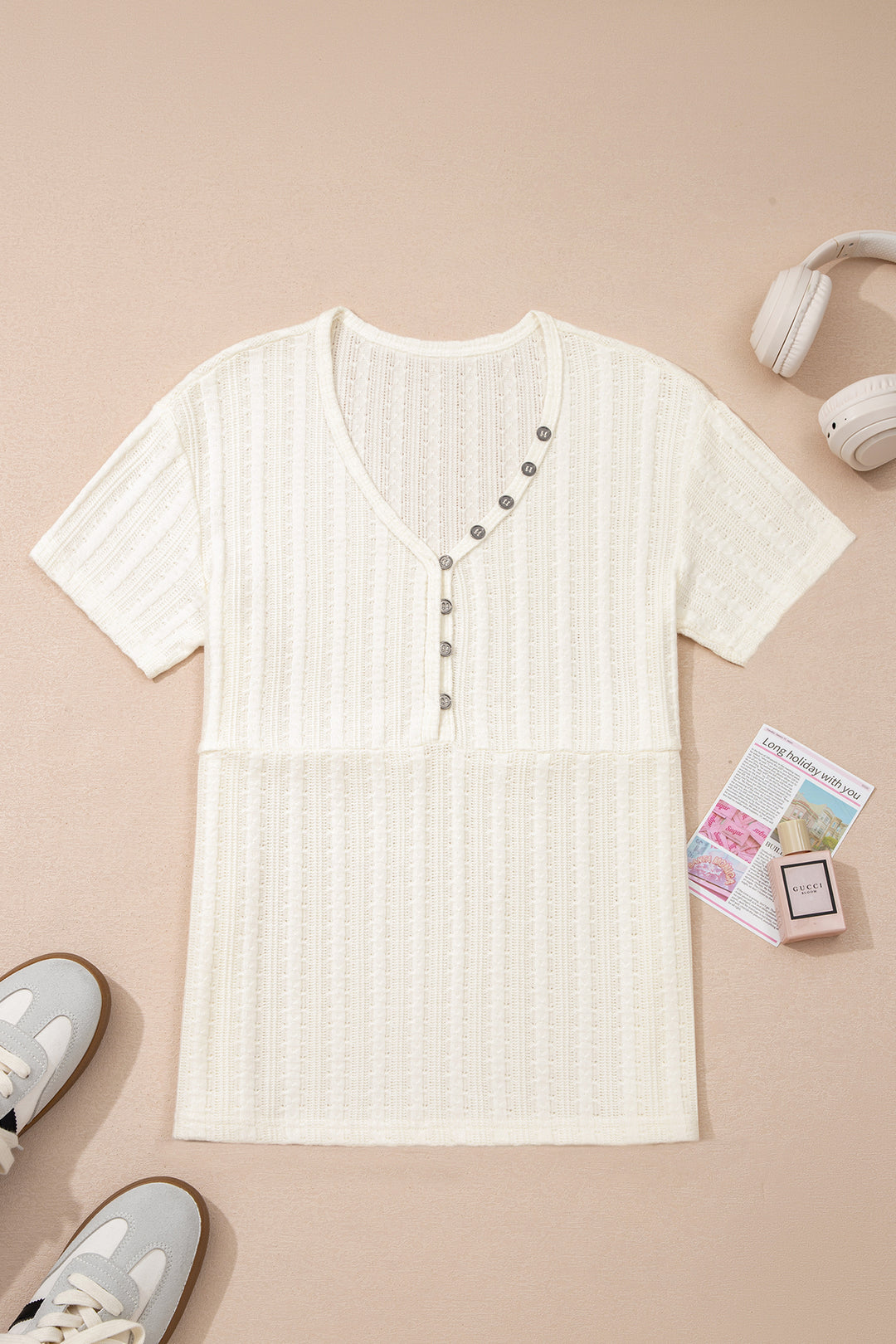 Solid Color Textured Button V Neck Raw Seam Henley Tee