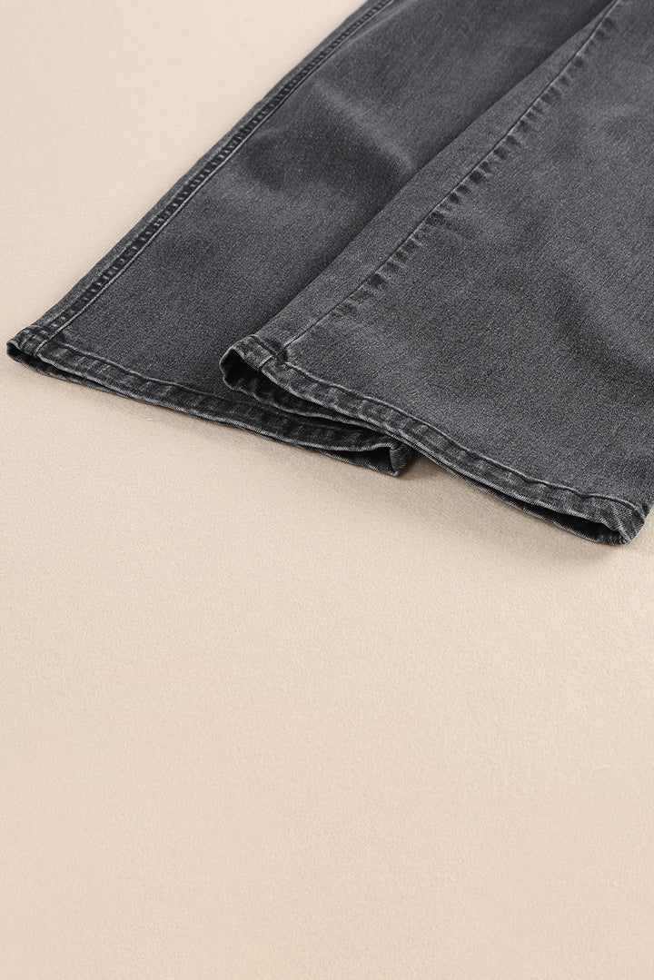 Gray High Waist Button Front Wide Leg Cropped Jeans