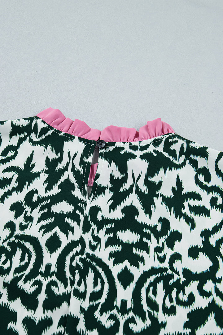 Green Damask Print Ruffled Color Block Detail Half Sleeve Blouse