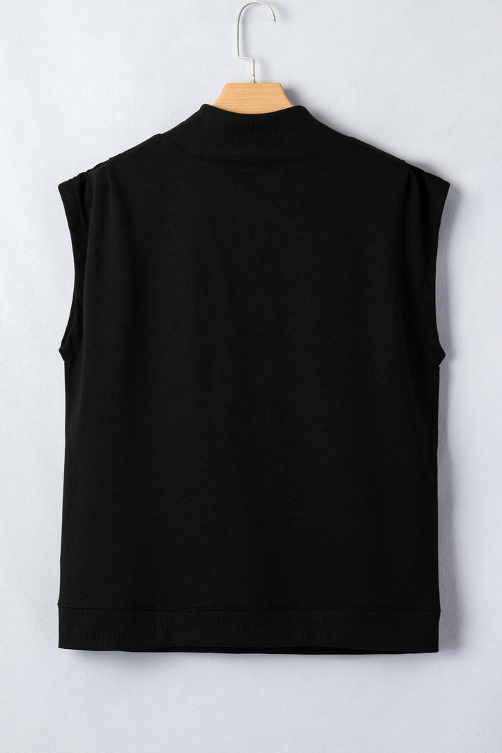 Black Solid Color High Neck Cap Sleeve Loose Top