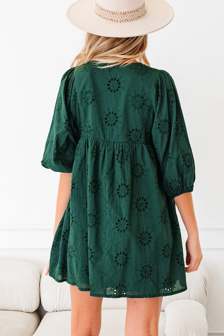 Embroidered Eyelet Pattern 3/4 Puffy Sleeve Swing Mini Dress