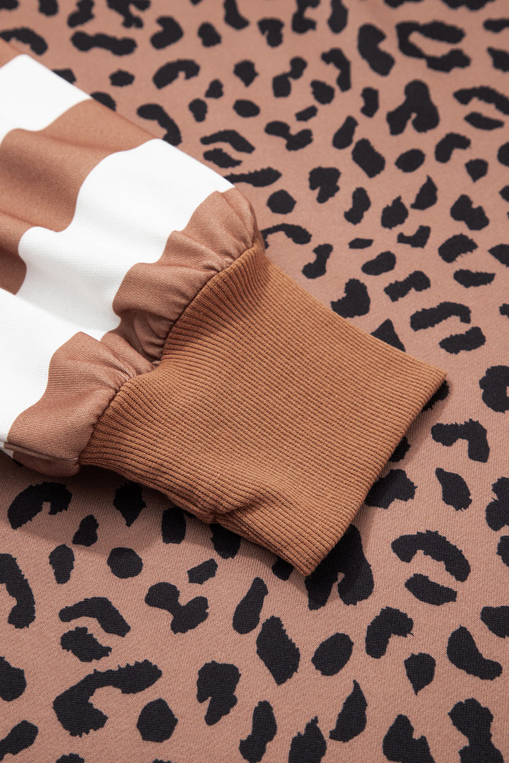 Khaki Leopard Striped Patchwork Plus Size Loose Sweatshirt