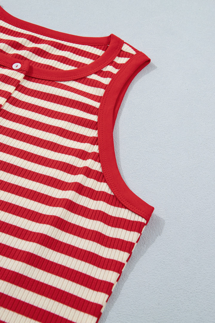 Red Stripe Buttoned Ribbed Knit Tank Top