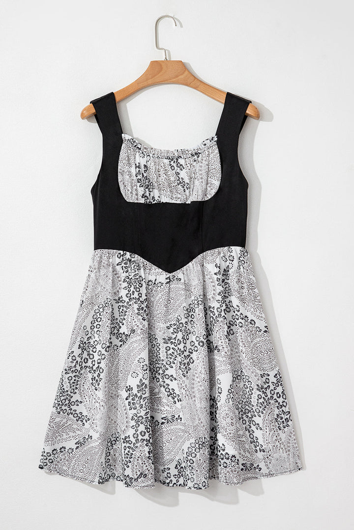 Sleeveless Leather Bustier Patchwork Paisley Floral Chiffon Dress