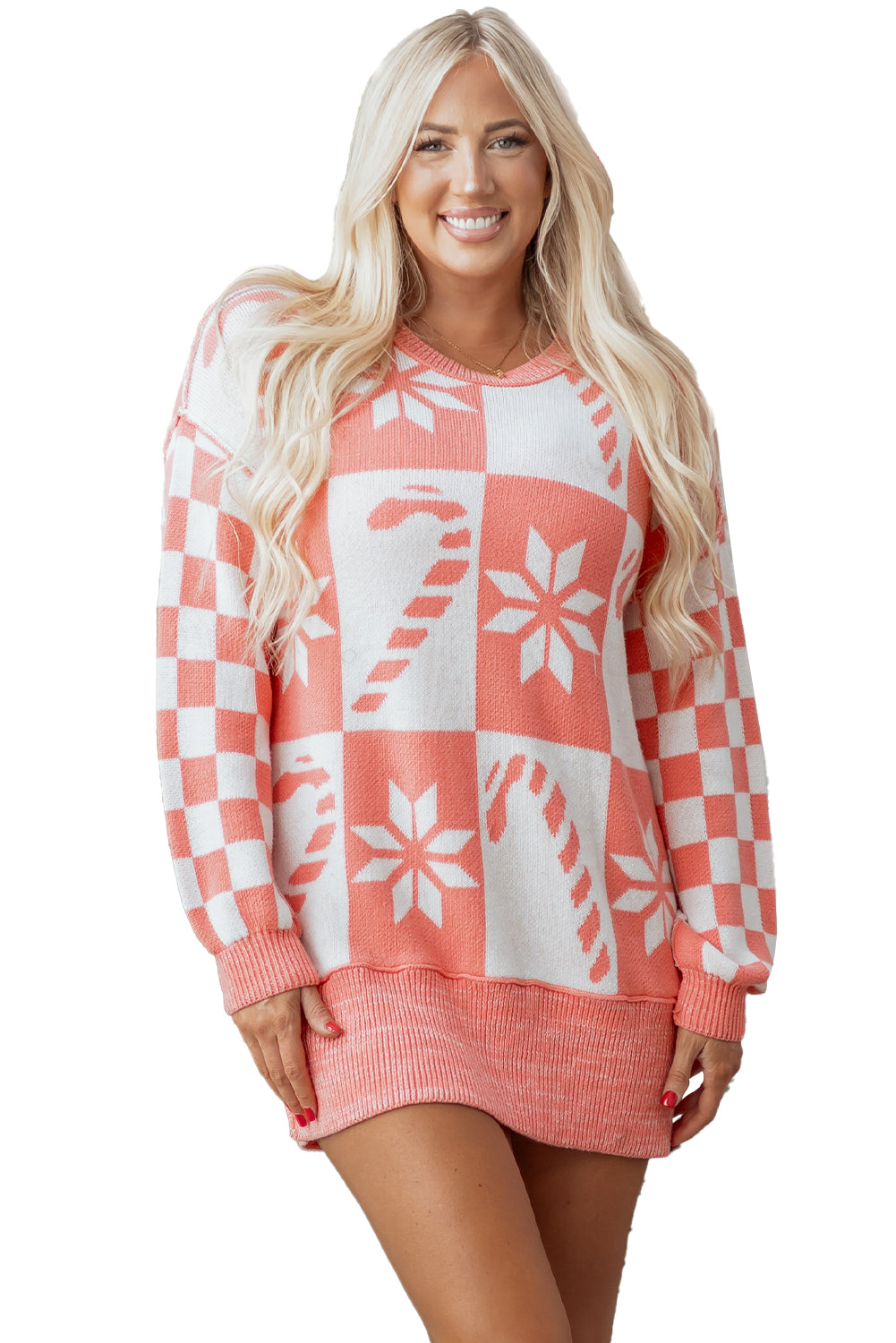 Candycane Snowflake Checker Christmas Holiday Drop Shoulder Tunic Loose Sweater