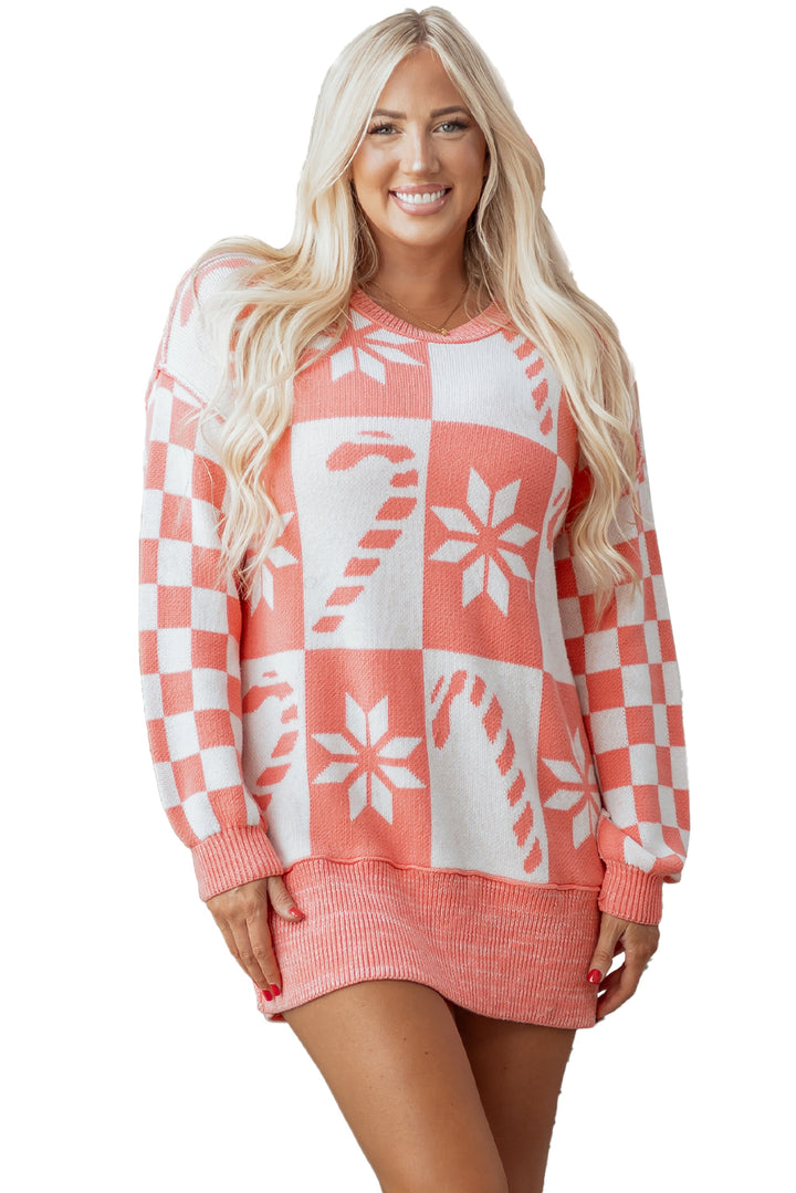 Candycane Snowflake Checker Christmas Holiday Drop Shoulder Tunic Loose Sweater